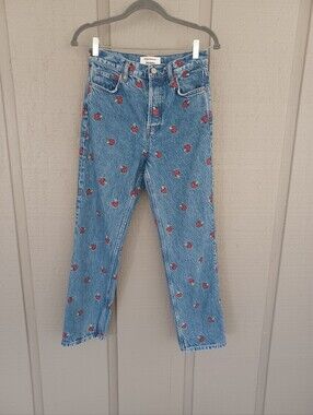 Reformation Mushroom Embroidered Straight Jeans Size 26 High Rise Button Fly